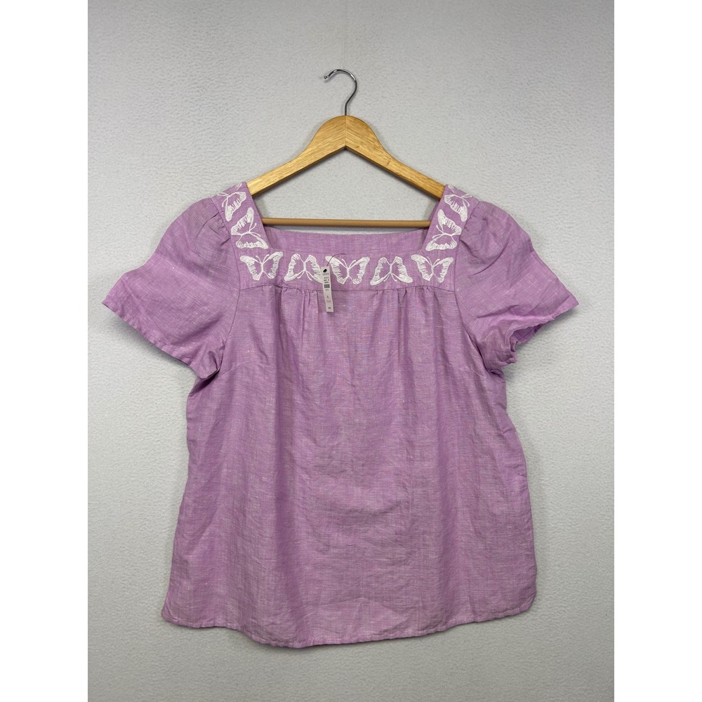 NWT Cottagecore Boho Talbots Womens LP Purple Butterfly Embroidered Linen Blouse